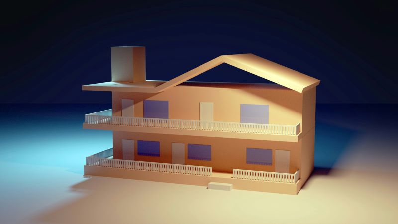 3D animation of a two-story house with balconies and a chimney